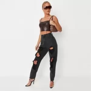 Missguided Washed Roll Hem Distressed Riot Mom Jean - Black