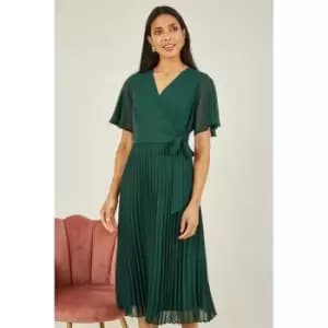 Yumi Green Pleated Wrap Over Midi Dress - Green