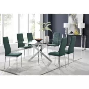 Furniturebox Leonardo 6 Chrome Leg Glass Dining Table and 6 Green Milan Velvet Dining Chairs Diamond Stitch Modern Contemporary Chrome Metal