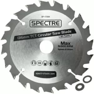 Spectre - Pro 136mm x 20mm Bore 20 Tooth Long Life tct Circular Saw Blade Wood