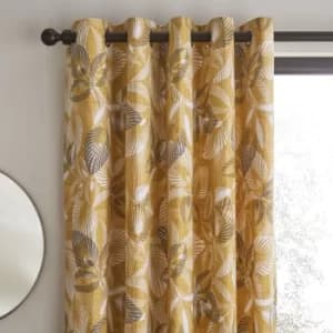 Catherine Lansfield Abbotsley Leaf Ochre Eyelet Curtains Ochre