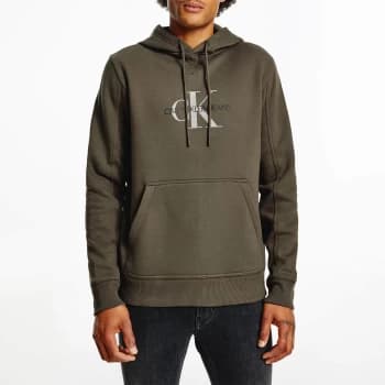 Calvin Klein Jeans Mens Archival Monogram Flock Hoodie - Black Olive/Crockery - L