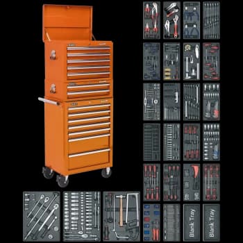Sealey Superline Pro 14 Drawer Roller Cabinet, Mid and Top Tool Chests + 1179 Piece Tool Kit Orange