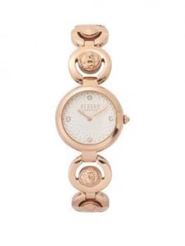 Versus Versace White Guilloche Swarovski Dial Rose Gold Stainless Steel 3D Lion Head Bracelet Ladies Watch