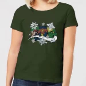 Marvel Thor Iron Man Hulk Snowflake Womens Christmas T-Shirt - Forest Green - L