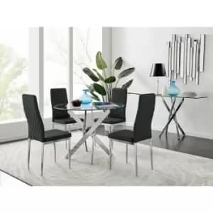 Novara Round Chrome Metal And Glass Dining Table And 4 Black Milan Dining Chairs Set - Black