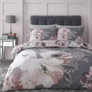 Catherine Lansfield Dramatic Floral Print Easy Care Reversible Duvet Cover Set, Grey, Single