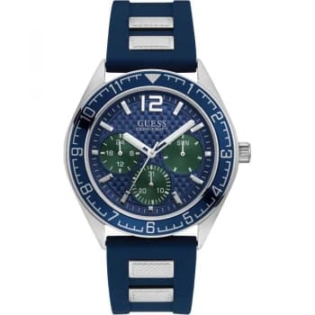 GUESS Gents silver watch with blue trim, dial and strap.