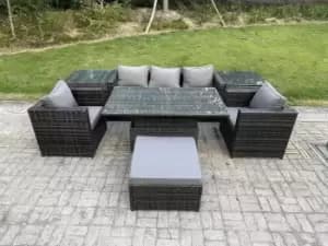Fimous 5 Seater Outdoor Dark Grey Rattan Lounge Complete Sofa Set with Adjustable Dining Table and Big Footstool