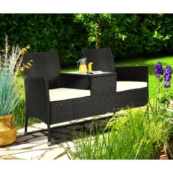 Poly Rattan Garden Bench 2 Seater Cinema Bench Cushions Glass Table Weatherproof Park Garden Bench Black - Casaria