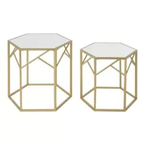 Set of 2 Luxe Hexagonal Side Tables in Gold and Mirrored Glass