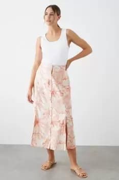 Palm Print Button Through Midi Skirt