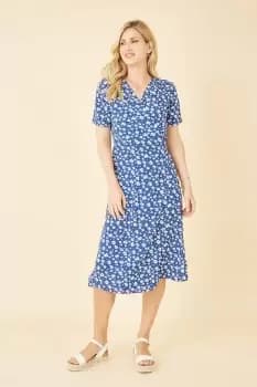 Blue Ditsy Print Wrap Over Dress