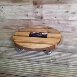 Tom Chambers Handcrafted Heavy Duty Round Traditional Wood Garden Patio Plant Flower Pot Stand Caddy Trolley Dolly on Strong Metal Castor Wheels 30cm