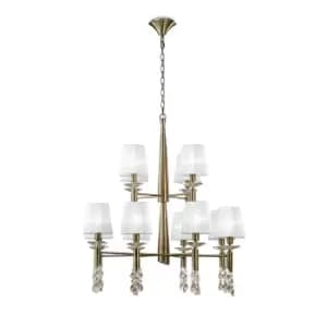 Tiffany Pendant 2 Tier 12+12 Light E14+G9, Antique Brass With White Shades & Clear Crystal