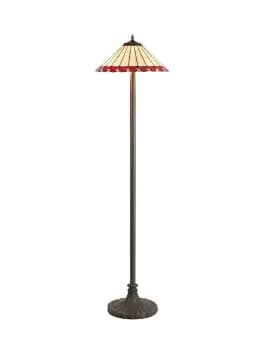 2 Light Stepped Design Floor Lamp E27 With 40cm Tiffany Shade, Red, Crystal, Aged Antique Brass