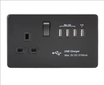 KnightsBridge Screwless 13A switched socket with quad USB charger (5.1A) - Matt Black
