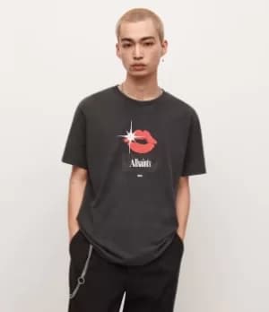 AllSaints Mens Kiss Crew T-Shirt, Washed Black, Size: M