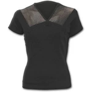 Gothic Elegance V Neck Mesh Womens Medium Short Sleeve Top - Black
