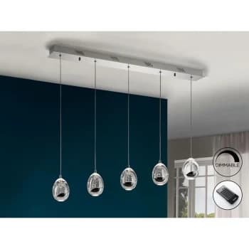Schuller Roc - Integrated LED 5 Light Dimmable Crystal Drop Bar Ceiling Pendant with Remote Control Chrome