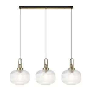 Luminosa Linear 3 Light Pendant E27, Brass Gold, Matt Black With 30cm Round Ribbed Clear Glass