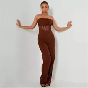 I Saw It First Bandeau Corset Mesh Straight Leg Jumpsuit - Brown