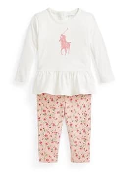 Ralph Lauren Baby Girl Long Sleeve Polo T Shirt And Legging Set - White, Size 12 Months