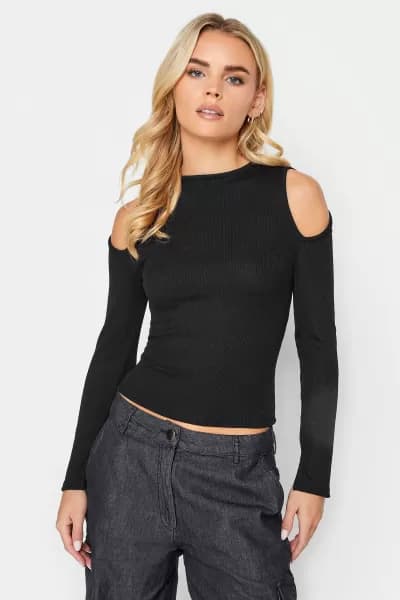 PixieGirl Petite Black Cold Shoulder Ribbed Top, Black, Size 18, Women