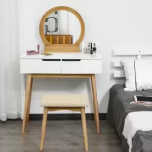 Two Piece Dressing Table And Stool Set With Drawers And Mirror White And Natural Wood