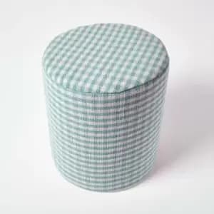 Blue Gingham Check Round Pouffe Cotton 40 x 42cm - Blue - Homescapes