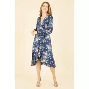 Mela London Navy Floral Print Satin Wrap Dress - Blue