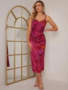 Chi Chi London Cami Ruched Wrap Floral Print Midi Dress - Pink, Burgundy, Size 16, Women