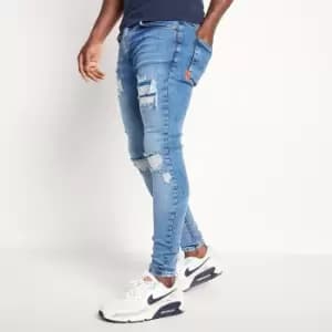 Mens Sustainable Distressed Jeans Skinny Fit - Mid Blue Wash - W28/L30