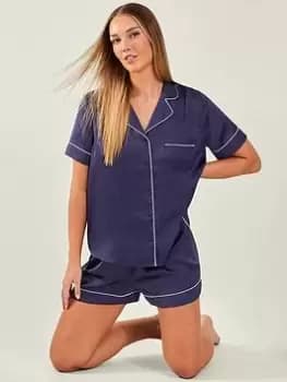 Accessorize Satin Button Down Short Set, Navy Size M Women