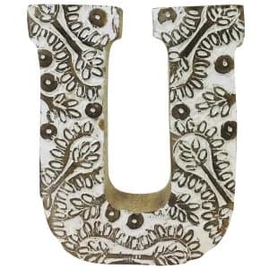 Letter U Hand Carved Wooden White Flower