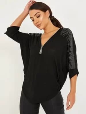 Quiz Light Knit Diamante Top, Black, Size S, Women
