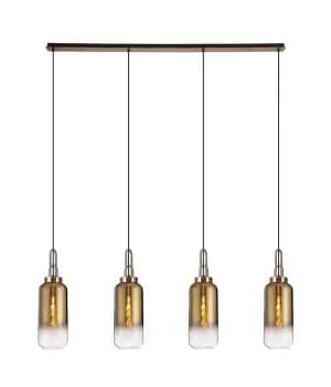 Linear 4 Light Pendant E27 With 16cm Cylinder Glass, Brass Gold, Clear Brass Gold, Matt Black