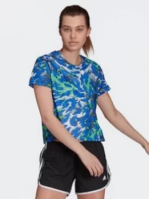 adidas Primeblue Fast Graphic T-Shirt, Blue/Green Size M Women