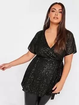 Yours Sequin Wrap Top, Black, Size 16, Women