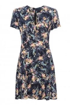 French Connection Delphine Crepe Mix V Neck Dress Black Multi