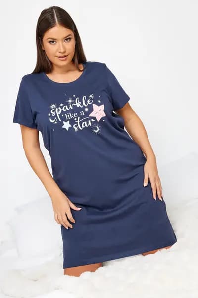 Yours 'Sparkle Like A Star' Slogan Nightdress Dark Navy