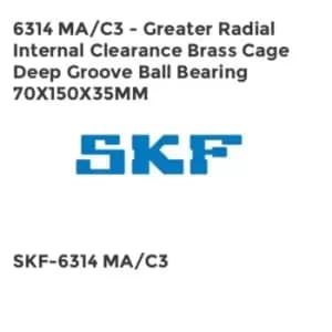 6314 MA/C3 - Greater Radial Internal Clearance Brass Cage Deep Groove Ball Bearing 70X150X35MM