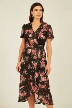 Black Rose Print Midi Wrap Dress