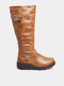 Yours Wide Fit Tan Knee Wedge Boot, Brown, Size 5E, Women