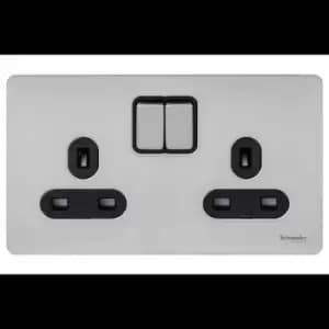 Schneider Electric Ultimate Screwless Flat Plate - Switched Double Power Socket, Double Pole, 13A, GU3420DBSS, Stainless Steel with Black Insert