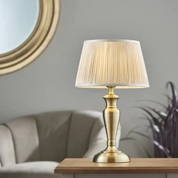 Freya Table Lamp Antique Brass Plate & Oyster Silk 1 Light IP20 - E27
