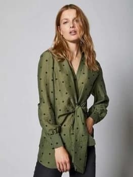Mint Velvet Spot Print Tie Front Blouse - Khaki