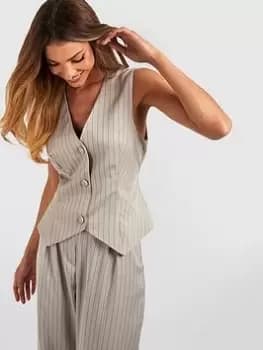 Boohoo Pinstripe Tailored Waistcoat - Taupe, Beige, Size 10, Women