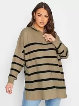 Yours Zip Neck Jumper - Neutral Stripe AIR, Natural, Size 14-16, Women