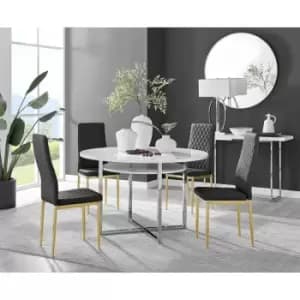 Furniturebox Adley White High Gloss 120cm Storage Dining Table & 4 Black Milan Gold Leg Faux Leather Chairs